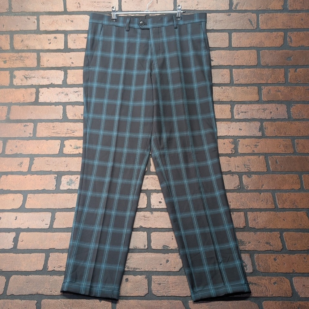 Jack & Jones Premium Mens Black Green White Plaid Tapered Rolled Hem Pants 34x30